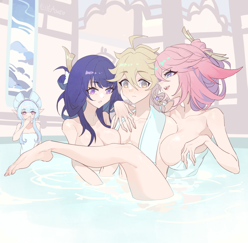 1boy 3girls absurdres aether_(genshin_impact) ahoge animal_ears aqua_hair arm_between_breasts artist_name bare_shoulders barefoot bathing between_breasts blonde_hair blush breasts convenient_censoring covering_own_mouth fox_ears genshin_impact hair_between_eyes hair_ornament hair_up highres indoors large_breasts leg_up long_hair mixed-sex_bathing multiple_girls naked_towel nude open_mouth parted_lips partially_submerged pink_hair pointy_ears purple_eyes purple_hair raiden_shogun shared_bathing sideways_mouth towel towel_around_neck water xinliu_asato yae_miko yellow_eyes yumemizuki_mizuki