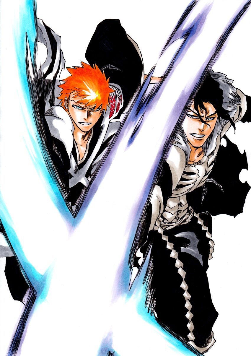 2boys absurdres alternate_eye_color black_hair black_kimono black_pants bleach blue_eyes clenched_teeth eyebrows_hidden_by_hair feet_out_of_frame fighting_stance floating_hair getsuga_tensho ginjou_kuugo grey_eyes hair_between_eyes highres incoming_attack japanese_clothes ken&#039;ichi_(ken1ro_u) kimono kubo_tite_(style) kurosaki_ichigo long_sleeves looking_at_viewer male_focus multiple_boys official_style orange_hair pants short_hair simple_background skeleton_print spiked_hair teeth v-shaped_eyebrows white_background wide_sleeves