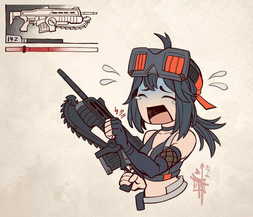 1girl ahoge assault_rifle bare_shoulders black_choker black_gloves black_hair black_sports_bra borrowed_weapon breasts chainsaw choker clenched_hand closed_eyes commentary cropped_torso d: dated english_commentary fishnet_gloves fishnets flying_teardrops furrowed_brow gameplay_mechanics gears_of_war gloves goggles goggles_on_head grace_howard gun hair_between_eyes highres holding holding_gun holding_weapon joseph_virtuoso lancer_(gears_of_war) long_hair midriff open_mouth rifle signature solo sports_bra tears weapon zenless_zone_zero zipper_top