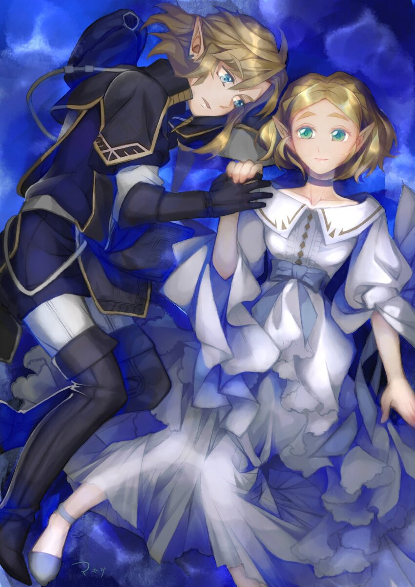 1boy 1girl black_gloves blonde_hair blue_choker blue_eyes braid choker collarbone couple crown_braid dress ear_piercing gloves green_eyes highres holding_hands link lying nintendo on_back piercing pleiades_pleiades pointy_ears princess_zelda royal_guard_set_(zelda) short_hair the_legend_of_zelda the_legend_of_zelda:_tears_of_the_kingdom white_dress
