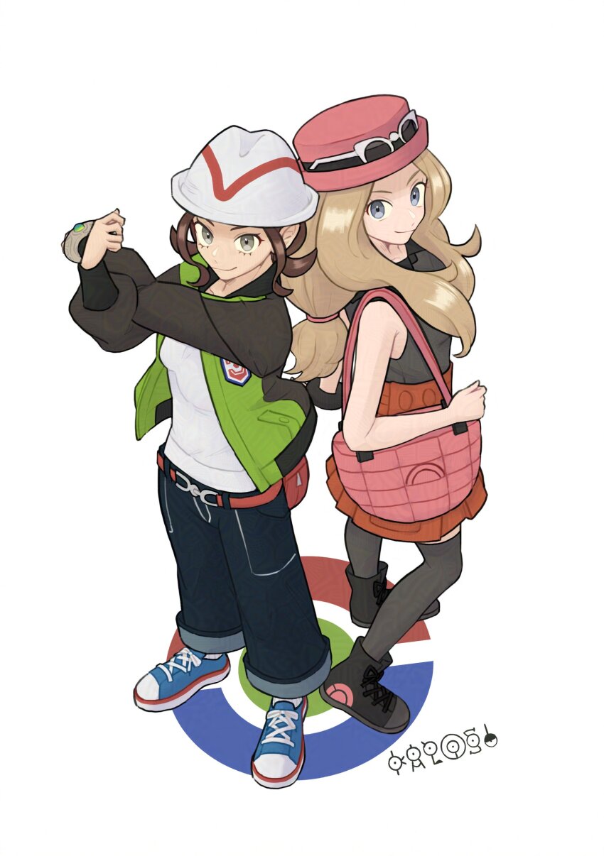 2girls absurdres bag bell-bottoms belt blonde_hair brown_hair closed_mouth full_body gen_2_pokemon green_jacket grey_eyes hahm0106 handbag harmony_(pokemon) hat highres jacket long_hair looking_at_viewer looking_up multiple_girls nintendo pants pokemon pokemon_legends:_z-a pokemon_xy serena_(pokemon) shirt shoes short_hair simple_background smile sneakers unown unown_! unown_a unown_k unown_l unown_o unown_s unownglyphics white_background white_hat white_shirt