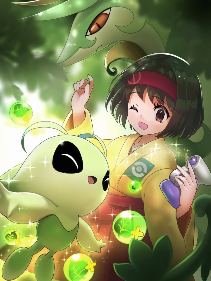 1girl antennae aura black_hair brown_eyes celebi closed_eyes commentary energy_(pokemon_tcg) erika_(pokemon) floating gen_2_pokemon gen_5_pokemon hairband hakama hakama_skirt hands_up highres holding japanese_clothes kimono leaf legendary_pokemon looking_at_another mythical_pokemon nekoita nintendo one_eye_closed open_mouth pokemon pokemon_(creature) pokemon_frlg pokemon_tcg pokemon_tcg_pocket potion_(pokemon) red_eyes red_hairband red_hakama serperior short_hair skirt smile sparkle standing wide_sleeves yellow_kimono