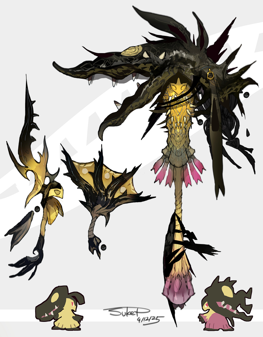2others absurdres axe commentary_request dated gen_3_pokemon grey_background highres looking_back mawile mega_mawile mega_pokemon multiple_others nintendo pokemon pokemon_(creature) red_eyes sharp_teeth signature sukepmonster teeth weapon weapon_focus