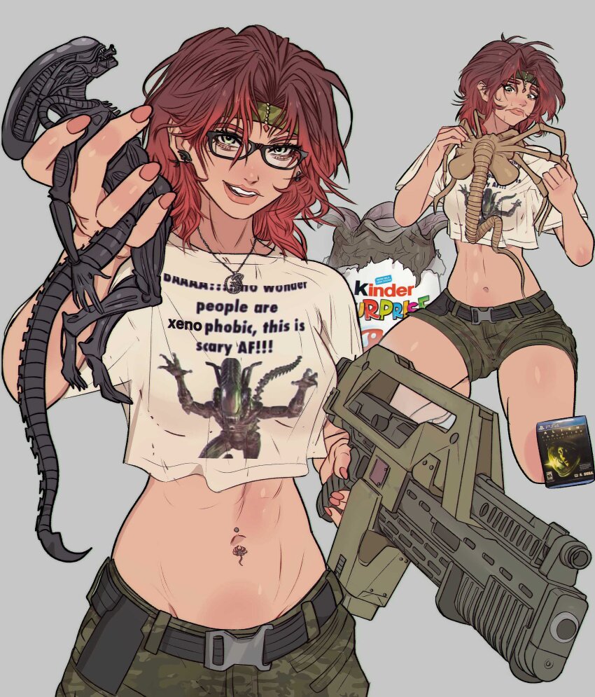 1girl abs absurdres alien_(series) alien_isolation assault_rifle belt camouflage camouflage_pants caseless_firearm cropped_shirt earrings egg electronic_firearm english_text facehugger glasses grenade_launcher grey_background gun headband highres holding holding_weapon jewelry kinder_surprise looking_at_viewer m41a_pulse_rifle midriff multiple_views navel navel_piercing necklace pants piercing pump-action_grenade_launcher red_hair rifle shorts simple_background solo stomach_tattoo tattoo u1_grenade_launcher underbarrel_grenade_launcher weapon xenomorph yoracrab
