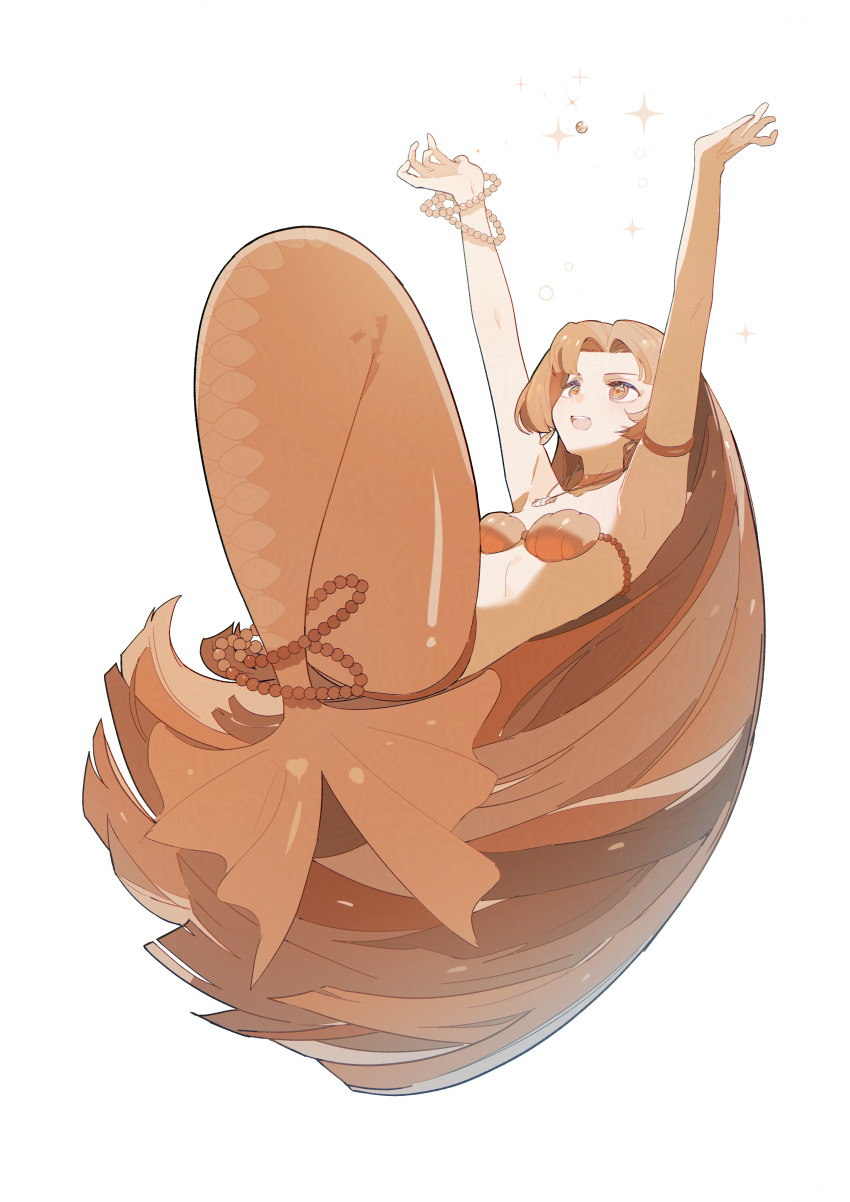 1girl absurdly_long_hair absurdres armpits arms_up bare_arms bare_shoulders bead_bracelet beads bikini blunt_ends bracelet choker eyelashes falling fins fish_tail full_body gem highres jewelry long_hair looking_at_object mermaid mermaid_melody_pichi_pichi_pitch monster_girl morgue_(southsakura) necklace open_mouth orange_bikini orange_choker orange_eyes orange_hair orange_tail parted_bangs pearl_(gemstone) seira_(mermaid_melody_pichi_pichi_pitch) shell shell_bikini shell_necklace simple_background smile solo sparkle straight_hair strapless strapless_bikini swimsuit tail tail_ornament tail_ring teeth upper_teeth_only very_long_hair white_background