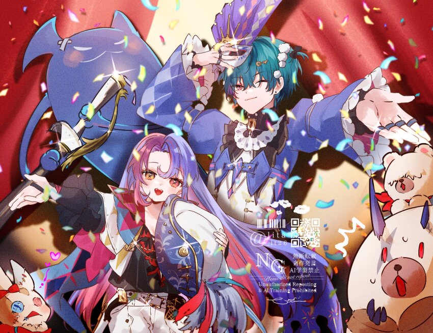 1boy 1girl :d black_collar black_shirt blue_hair brant_(wuthering_waves) closed_mouth collar commentary_request cosplay costume_switch eye_mask hair_undone hat heterochromia highres holding holding_mask holding_unworn_clothes holding_unworn_hat jewelry key_hair_ornament looking_at_viewer lt26 mask multicolored_hair multiple_rings one_eye_closed open_mouth pants pero_(wuthering_waves) pink_eyes pink_hair purple_eyes purple_hair purple_shrug ring roccia_(wuthering_waves) shirt short_hair smile symbol-shaped_pupils tricorne two-tone_hair unworn_hat unworn_headwear white_pants wuthering_waves x-shaped_pupils yellow_eyes
