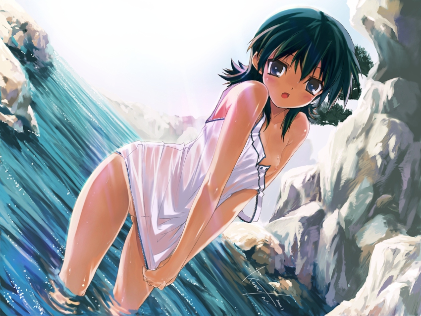 00s 1girl 2004 blue_eyes blush bottomless breast_slip covering_crotch covering_privates dutch_angle female_focus flat_chest game_cg green_hair kawata_hisashi leaning_forward light_rays miidera_tsukuyo nipple_slip nipples no_bra no_panties one_breast_out ripples rock see-through_clothes shirt_tug signature solo strap_slip sunbeam sunlight tan tanline tasogare wading water wet wet_clothes