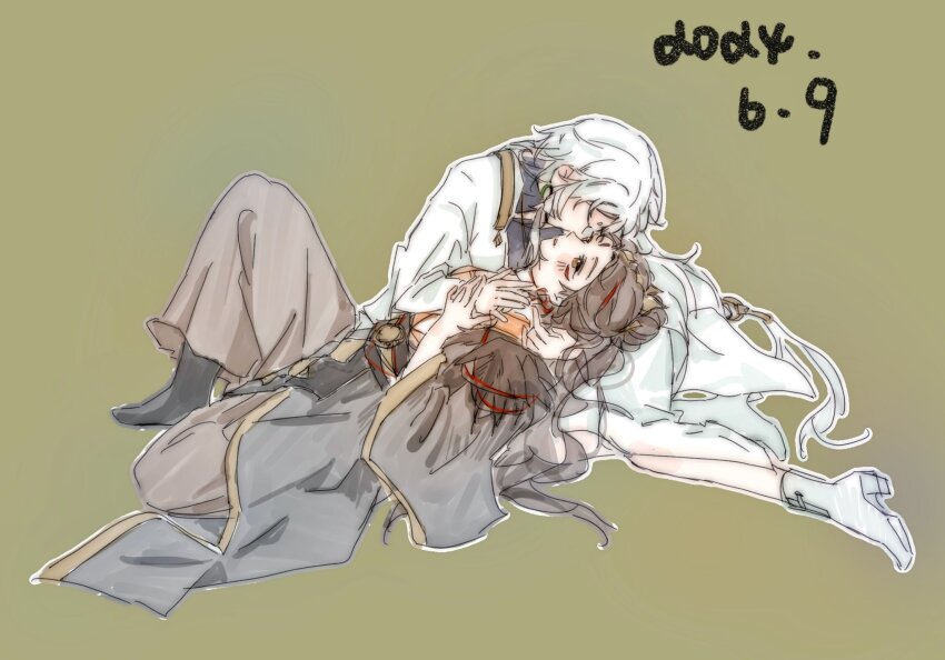 2girls black_robe black_socks blush brown_eyes brown_hair brown_pants chinese_commentary commentary_request dated du_ruo_(path_to_nowhere) full_body green_background hand_on_another&#039;s_neck highres holding_hands long_hair multicolored_hair multiple_girls noses_touching pants parted_lips path_to_nowhere reclining robe simple_background sitting socks streaked_hair tooong4 white_footwear white_hair white_robe yao_(path_to_nowhere) yuri