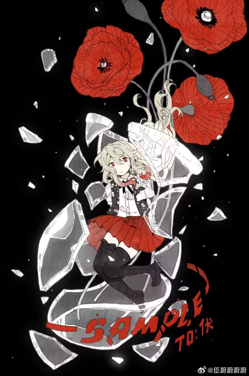 1girl black_background black_thighhighs blonde_hair broken_vase chenweiweiweiwei chinese_commentary closed_mouth commission english_text expressionless floating flower full_body glass_shards grey_vest hair_between_eyes highres light_particles long_hair looking_at_viewer no_pupils no_shoes original pleated_skirt poppy_(flower) red_eyes red_flower red_skirt sample_watermark shirt short_sleeves skirt solo thighhighs vase vest watermark weibo_watermark weibo_watermark white_shirt zettai_ryouiki