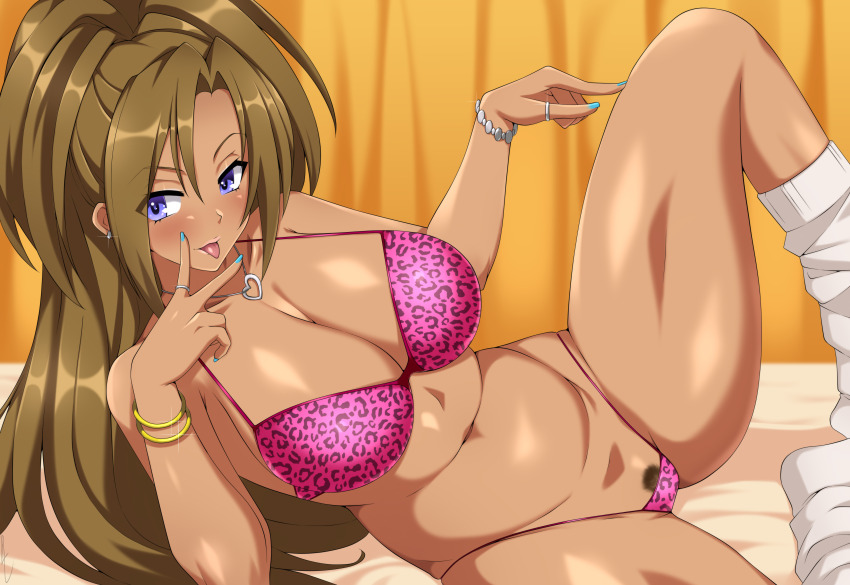 1girl absurdres animal_print bed blue_eyes blue_nails blush bra bracelet breasts brown_hair brown_pubic_hair cleavage ear_piercing female_focus gyaru highres jewelry kandagawa_jet_girls large_breasts leopard_print lindaroze lingerie looking_at_viewer loose_socks nail_polish navel necklace panties piercing pink_bra pink_panties ponytail pubic_hair pubic_hair_peek ring shiraishi_manatsu socks solo tan thong toned underwear white_socks