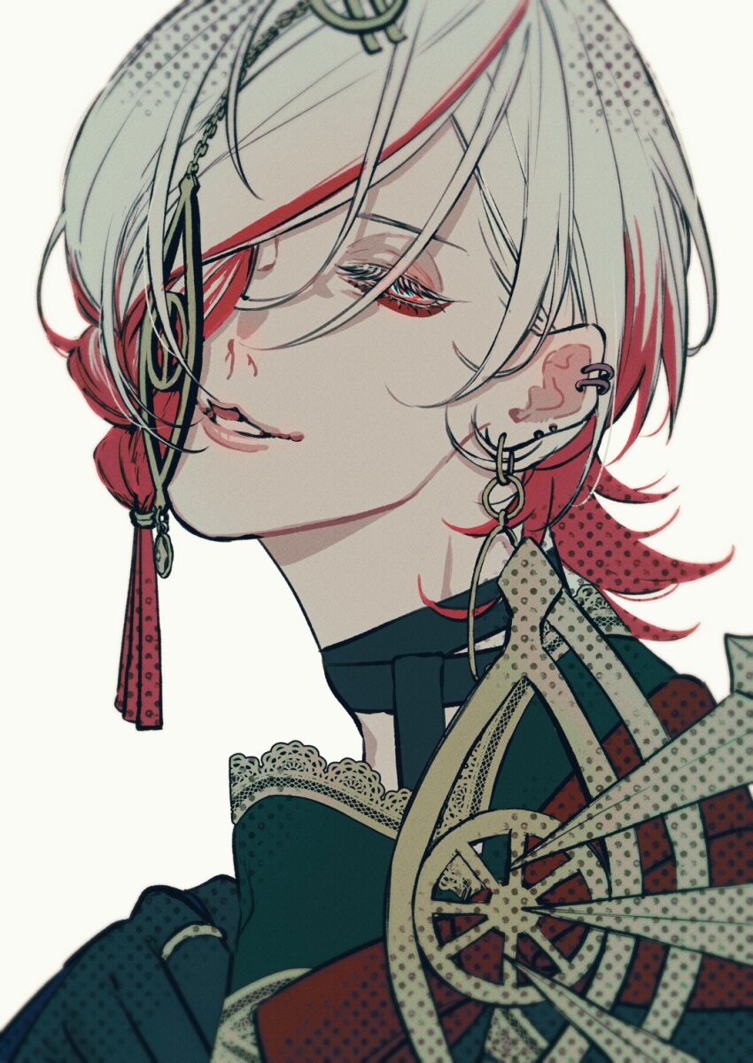 1boy blue_eyes earrings eyeshadow eyeshadow_under_eye fate/grand_order fate_(series) hair_ornament hair_over_one_eye highres jewelry karna_(fgo_fes._2025)_(fate) looking_at_viewer makeup male_focus medium_hair multicolored_hair multiple_earrings open_mouth portrait red_eyeshadow red_hair simple_background sm_(s10261913m) smile solo white_background white_hair