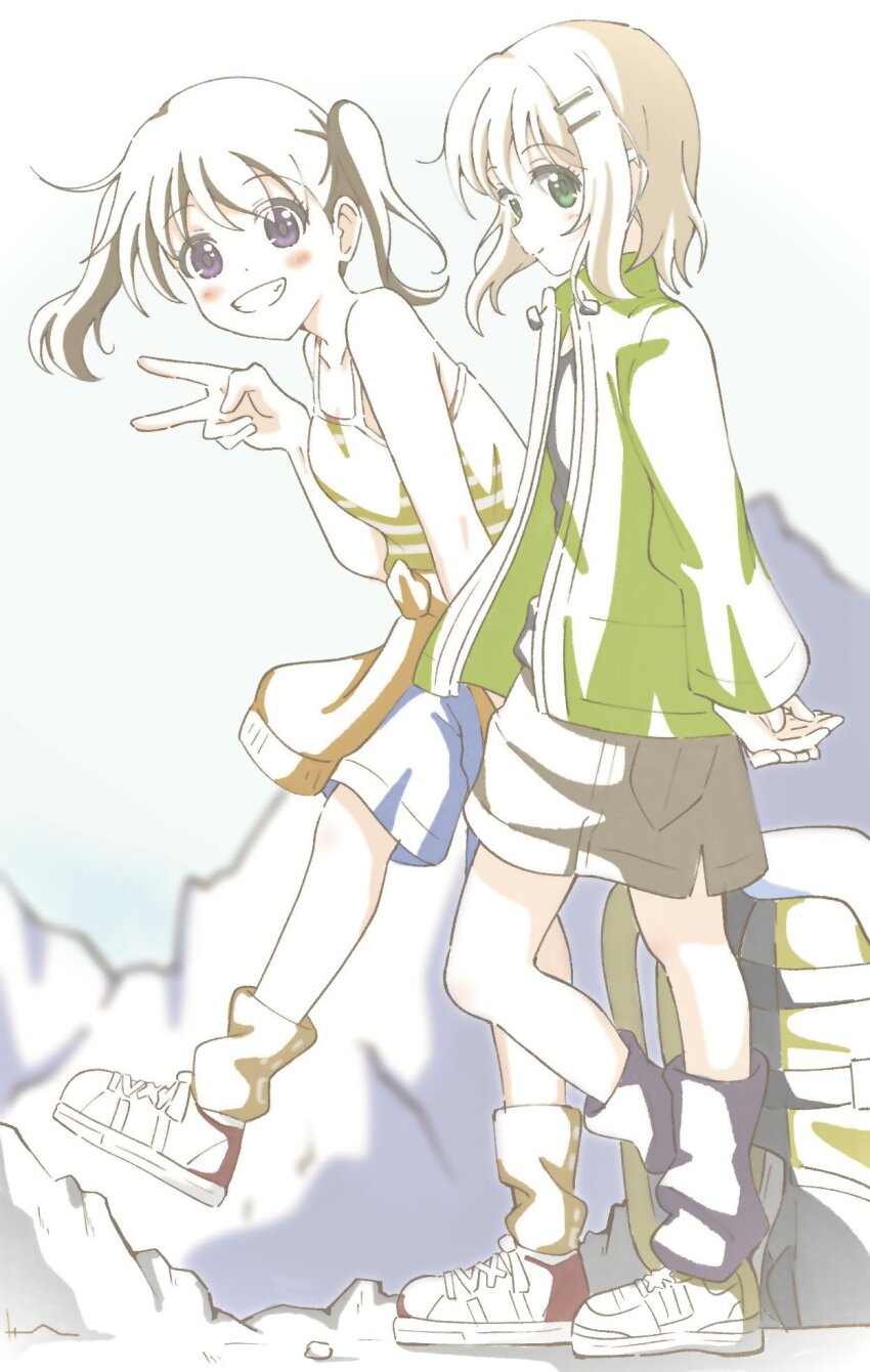 1girl 2girls arar0158 blonde_hair blue_eyes blush dress green_eyes hair_ornament hairclip highres kuraue_hinata long_hair multiple_girls open_mouth short_hair shorts smile twintails yukimura_aoi