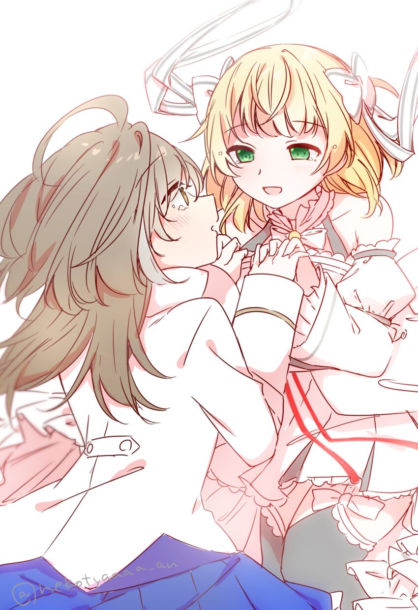 2girls ahoge assault_lily benini black_thighhighs blonde_hair blue_skirt blush bow bowtie collar cowboy_shot crying crying_with_eyes_open detached_sleeves dress esaka_shizuku eye_contact flying_teardrops frilled_collar frilled_dress frilled_sleeves frills garter_straps green_eyes grey_hair hair_between_eyes hair_bow hair_ribbon halter_dress halterneck hands_up herensuge_girls_academy_school_uniform highres holding_hands interlocked_fingers jacket long_sleeves looking_at_another multicolored_hair multiple_girls official_alternate_costume parted_lips pleated_dress pleated_skirt profile ribbon sasaki_ran school_uniform short_hair simple_background skirt sleeves_past_wrists smile standing streaked_hair tears thigh_bow thighhighs twitter_username white_background white_bow white_bowtie white_collar white_dress white_jacket white_ribbon wide_sleeves yellow_eyes