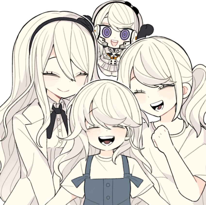 4girls age_progression black_bow black_hairband black_headband black_ribbon blue_overalls bow child closed_mouth hairband headband jacket kashimiya_karua kirifuji_nozomi long_sleeves looking_at_viewer multiple_girls neck_ribbon open_mouth overalls pleated_skirt purple_eyes ribbon shirt short_sleeves simple_background skirt smile teeth the_hundred_line_-last_defense_academy- tongue white_background white_jacket white_shirt