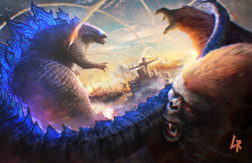 aircraft aircraft_carrier ape battle battleship bell_helicopter blue_eyes blurry boeing boeing_defense,_space_&amp;_security chipyray claws crossover depth_of_field energy fangs giant giant_monster glowing glowing_eyes glowing_spikes glowing_veins godzilla godzilla_(monsterverse) godzilla_(series) godzilla_vs._kong gorilla kaiju kevin_chapman king_kong king_kong_(series) kong_(monsterverse) legendary_pictures military military_transport_aircraft military_vehicle missile monster monsterverse mother_ship mutant navy neon_trim nimitz-class ocean open_mouth red_eyes sea_monster ship spikes spines spoilers sunset tail tail_whip tiltrotor toho united_states_marine_corps united_states_navy v-22_osprey veins vtol warship water watercraft