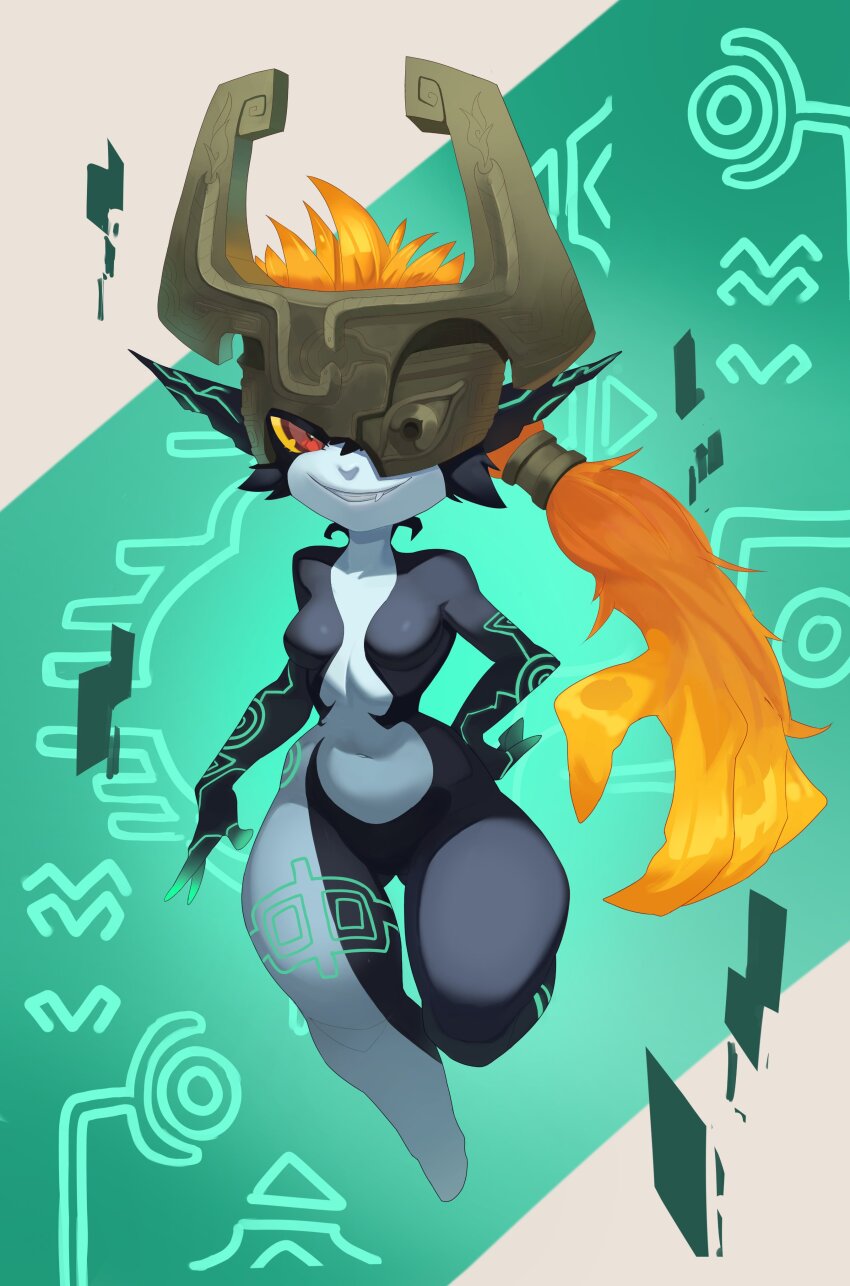 1girl absurdres black_skin breasts colored_sclera colored_skin fang full_body hand_on_own_hip helmet highres imp looking_at_viewer midna multicolored_skin navel neon_trim nintendo one_eye_covered orange_hair pear_shaped_figure pointy_ears prehensile_hair red_eyes roxy_thefoxy shortstack simple_background smile solo the_legend_of_zelda the_legend_of_zelda:_twilight_princess two-tone_skin yellow_sclera