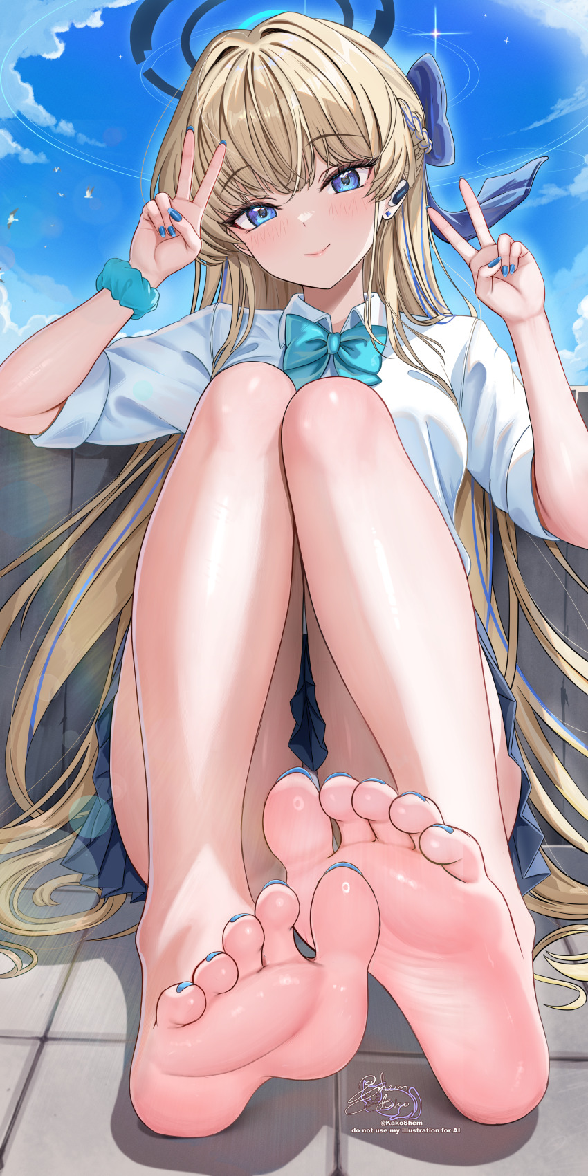 1girl absurdres bare_legs barefoot blonde_hair blue_archive blue_bow blue_bowtie blue_eyes blue_halo blue_nails blue_sky blush bow bowtie breasts closed_mouth cloud day double_v earpiece feet full_body hair_bow halo highres knees_up long_hair medium_breasts miniskirt multicolored_hair nail_polish outdoors scrunchie shem_kako sitting skirt sky smile soles solo streaked_hair thighs toenail_polish toenails toes toki_(blue_archive) toki_(school_uniform)_(blue_archive) v very_long_hair wrist_scrunchie