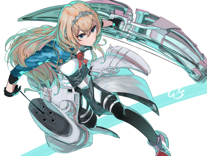 1girl black_gloves blonde_hair blue_eyes blush bow_(weapon) breasts compound_bow corset cropped_jacket dress flower gegesan gloves green_jacket hair_between_eyes hairband highres jacket kantai_collection long_hair long_sleeves machinery medium_breasts military_uniform open_mouth quiver red_flower red_rose rose simple_background smokestack_hair_ornament solo tiara victorious_(kancolle) weapon