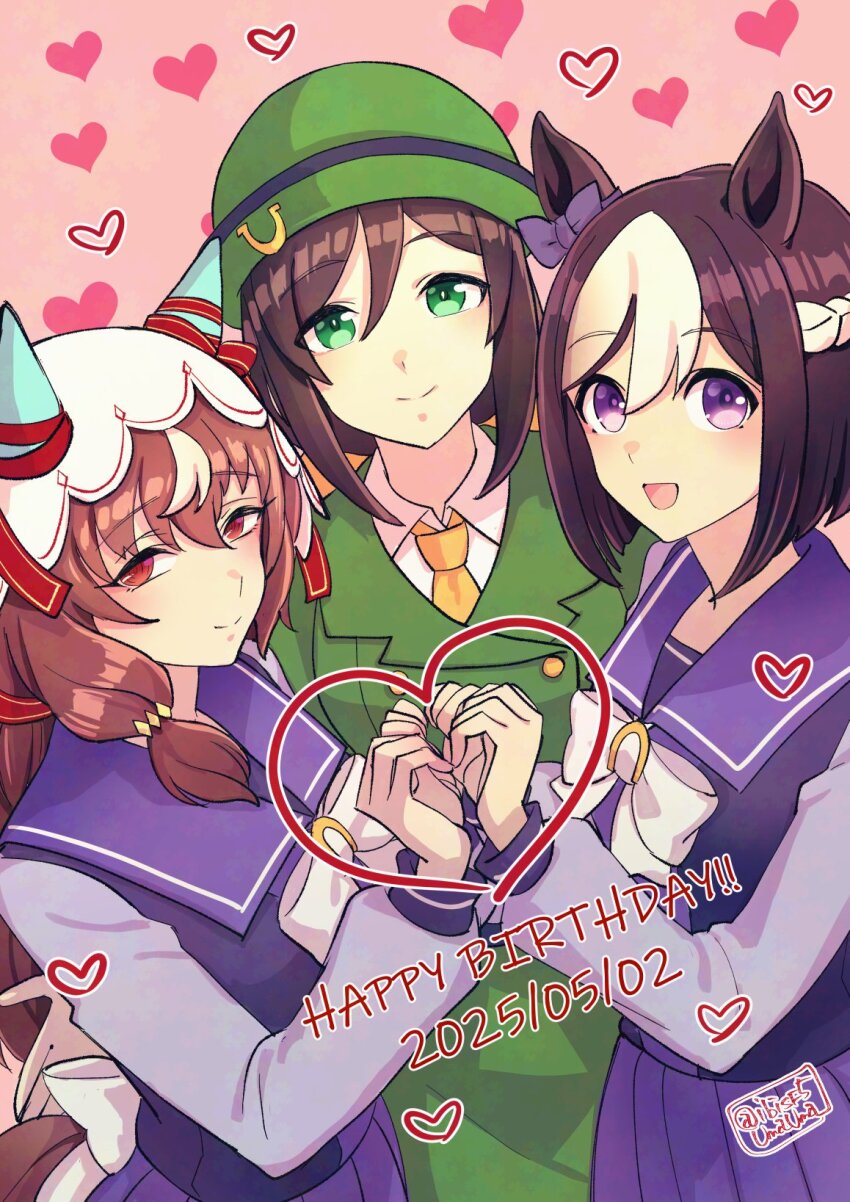 3girls adversarial_noise animal_ears bow bowler_hat bowtie breasts brown_hair closed_mouth collared_shirt dated ear_bow green_eyes green_hat green_jacket happy_birthday hat hayakawa_tazuna heart heart_hands heart_hands_trio hi_(ibisf5umauma) highres horse_ears jacket long_hair long_sleeves looking_at_viewer multiple_girls necktie open_mouth pink_background purple_eyes purple_shirt purple_skirt red_eyes sailor_collar school_uniform shirt short_hair skirt small_breasts smile special_week_(umamusume) standing still_in_love_(umamusume) tracen_school_uniform twitter_username umamusume upper_body veil yellow_necktie