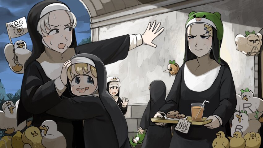 5girls bendy_straw bird blonde_hair blue_eyes chicken chocolate_chip_cookie clumsy_nun_(diva) commentary cookie diva_(hyxpk) drinking_straw dropping duck duck_hat duckling english_commentary food freckles frog_hat frog_headband froggy_nun_(diva) fruit green_hat grey_hair habit hat highres holding holding_tray juice lemon little_nuns_(diva) mole mole_on_cheek mole_under_mouth multiple_girls nun orange_juice ostrich owl sheep_nun_(diva) slice_of_life smug_nun_(diva) strict_nun_(diva) sweat tearing_up tongue tongue_out traditional_nun tray