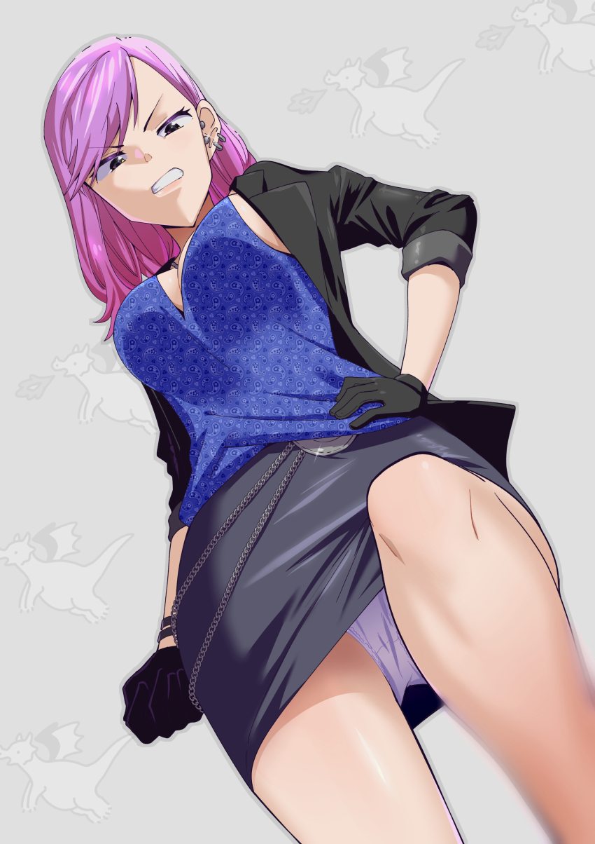 1girl absurdres black_gloves black_jacket black_skirt breasts dragon ear_piercing gloves highres jacket jewelry lips long_hair looking_at_viewer open_clothes open_jacket piercing purple_hair ryuu_ga_gotoku_(series) seonhee skirt solo toku_sonchou