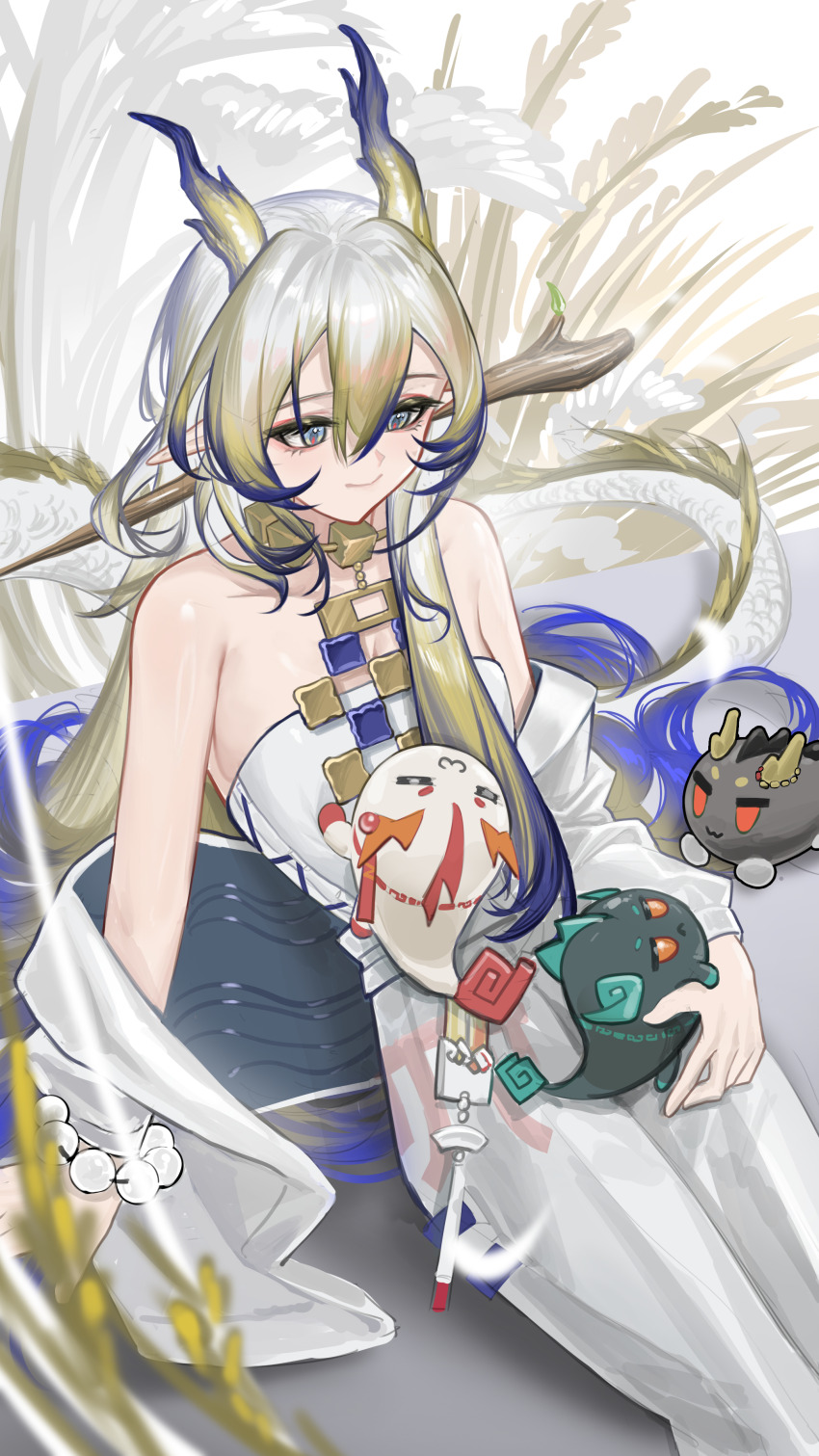 1girl 3others :3 absurdres arknights bare_shoulders bead_necklace beads blonde_hair breasts brooch brown_hair chongyue_(arknights) closed_mouth collarbone dragon dragon_bubble_(arknights) dusk_(arknights) eastern_dragon eastern_dragon_horns eastern_dragon_tail green_eyes hair_between_eyes hair_ornament highres horns jacket jewelry long_hair multiple_others necklace nian_(arknights) open_clothes open_jacket orange_eyes pointy_ears shale shirt shu_(arknights) sitting small_breasts smile strapless strapless_shirt tail tube_top white_tube_top