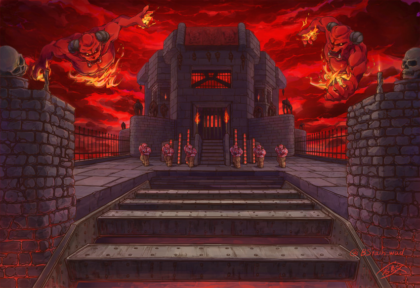6+boys absurdres baron_of_hell black_horns black_nails brick bstain.wad building candle colored_skin commentary commentary_request copyright_name corpse cross demon doom_(series) english_commentary fence fingernails fire hell highres horns impaled inverted_cross iron_bars iron_fence kneeling kurashiki_nanka looking_at_viewer metal mixed-language_commentary multiple_boys no_humans on_one_knee open_mouth outdoors pyrokinesis red_skin red_sky scenery sharp_fingernails sharp_teeth signature skull sky stairs teeth torch tusks yellow_eyes