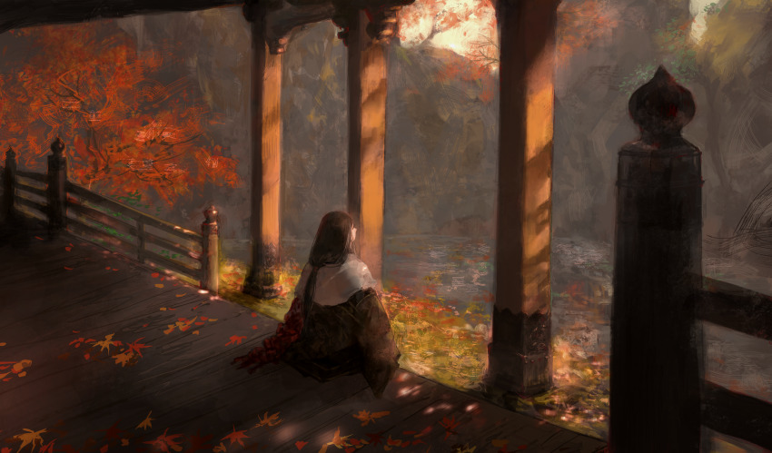 1girl absurdres autumn autumn_leaves black_hair commentary_request divine_child_of_rejuvenation facing_away from_behind highres huge_filesize japanese_clothes kimono leaf long_hair long_sleeves nature nira_(nira_box) outdoors pillar railing scenery sekiro:_shadows_die_twice sitting solo stairs tree water wooden_floor