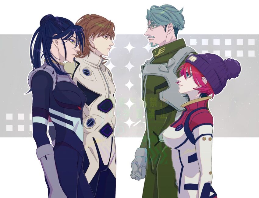 2boys 2girls amate_yuzuriha aqua_eyes beard black_hair bodysuit breasts brown_hair challia_bull facial_hair green_eyes green_hair gundam gundam_gquuuuuux hat kama_(kamawhite) long_hair mecha_pilot_suit multicolored_bodysuit multiple_boys multiple_girls mustache normal_suit_(gundam) nyaan_(gundam_gquuuuuux) red_hair science_fiction short_hair xavier_olivette yellow_eyes