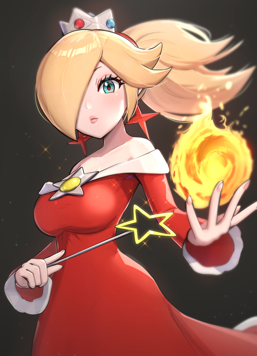 absurdres breasts fire_rosalina gonzarez highres large_breasts mario_(series) nintendo off_shoulder official_alternate_color official_alternate_hairstyle ponytail rosalina super_mario_3d_world