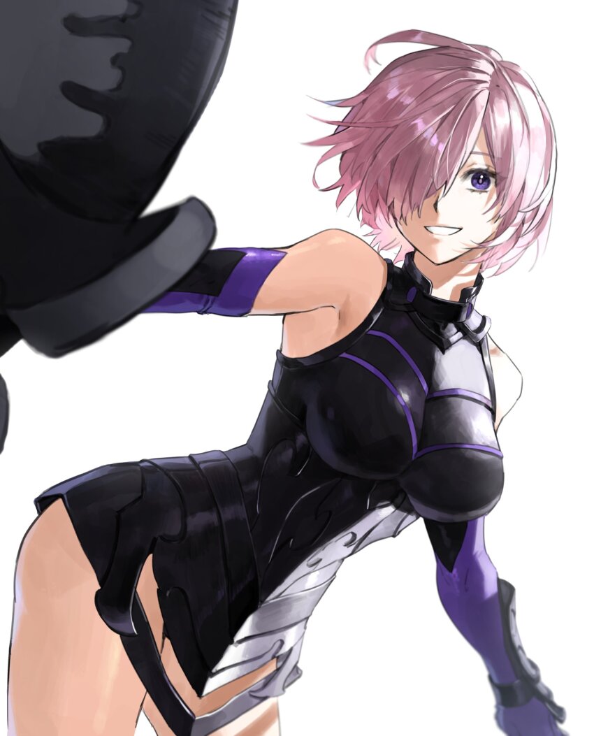 1girl absurdres armor armored_leotard bare_shoulders black_armor boobplate breastplate commentary_request fate/grand_order fate_(series) grin hair_over_one_eye highres holding holding_shield holding_weapon korean_commentary leotard looking_at_viewer mash_kyrielight one_eye_covered pink_hair potato_goril purple_eyes shield short_hair simple_background smile solo weapon white_background