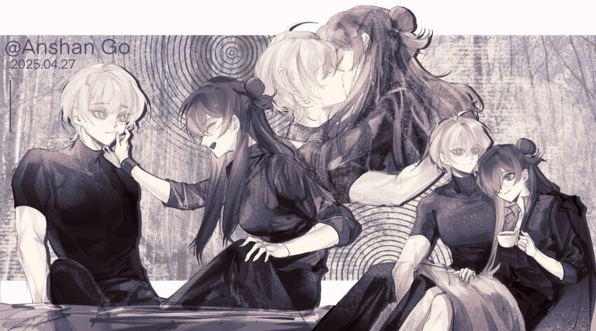 1boy 1girl anshango closed_eyes closed_mouth commentary cup dated female_shez_(fire_emblem) fire_emblem fire_emblem:_three_houses fire_emblem_warriors:_three_hopes hair_bun hair_over_one_eye hand_on_another&#039;s_face hand_on_another&#039;s_shoulder hetero highres holding holding_cup hug kiss long_hair long_sleeves looking_at_another male_byleth_(enlightened)_(fire_emblem) male_byleth_(fire_emblem) muscular muscular_male nintendo one_eye_covered open_mouth pants profile shirt short_hair short_sleeves single_hair_bun sitting smile teacup twitter_username