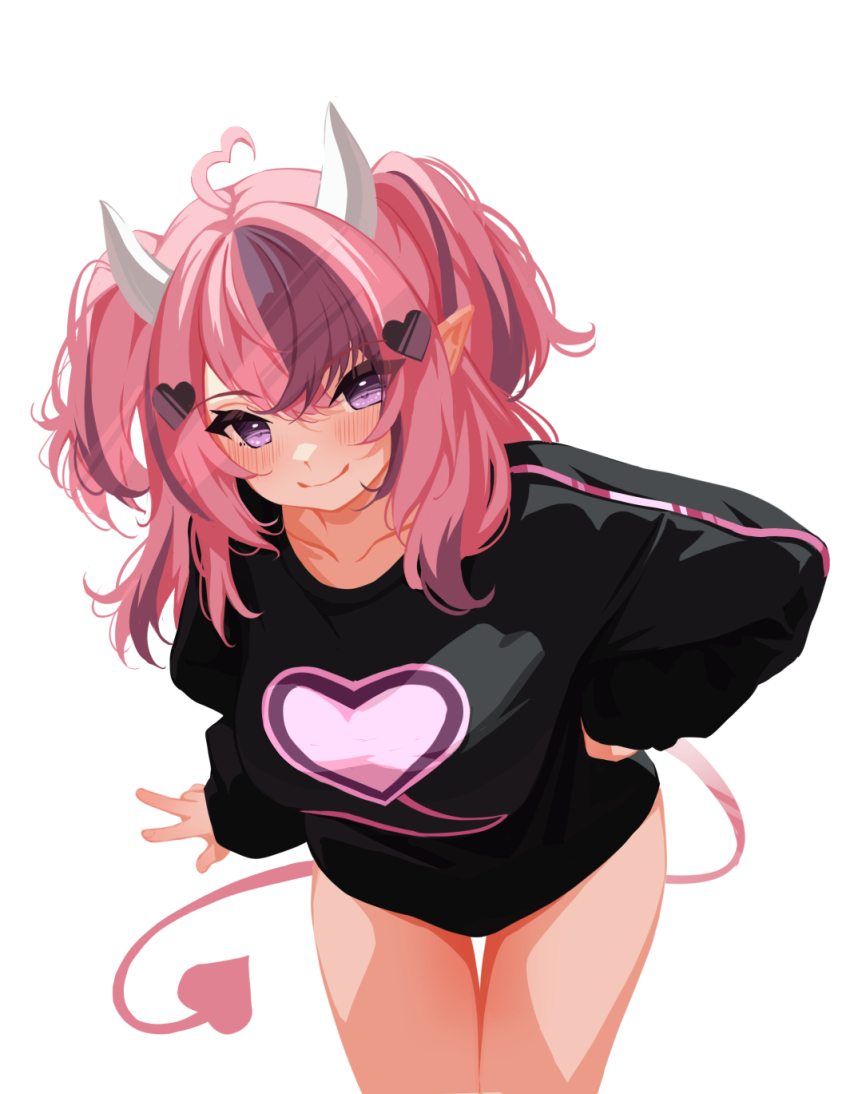 1girl ahoge alternate_costume black_shirt blush closed_mouth collarbone commentary crossed_bangs demon_girl demon_horns demon_tail english_commentary hair_between_eyes hair_ornament heart heart_hair_ornament heart_print highres horns ironmouse long_hair long_sleeves looking_at_viewer multicolored_hair pink_hair pink_tail pointy_ears purple_eyes purple_streaks sansha_art shirt simple_background smile solo streaked_hair tail two_side_up virtual_youtuber vshojo white_background