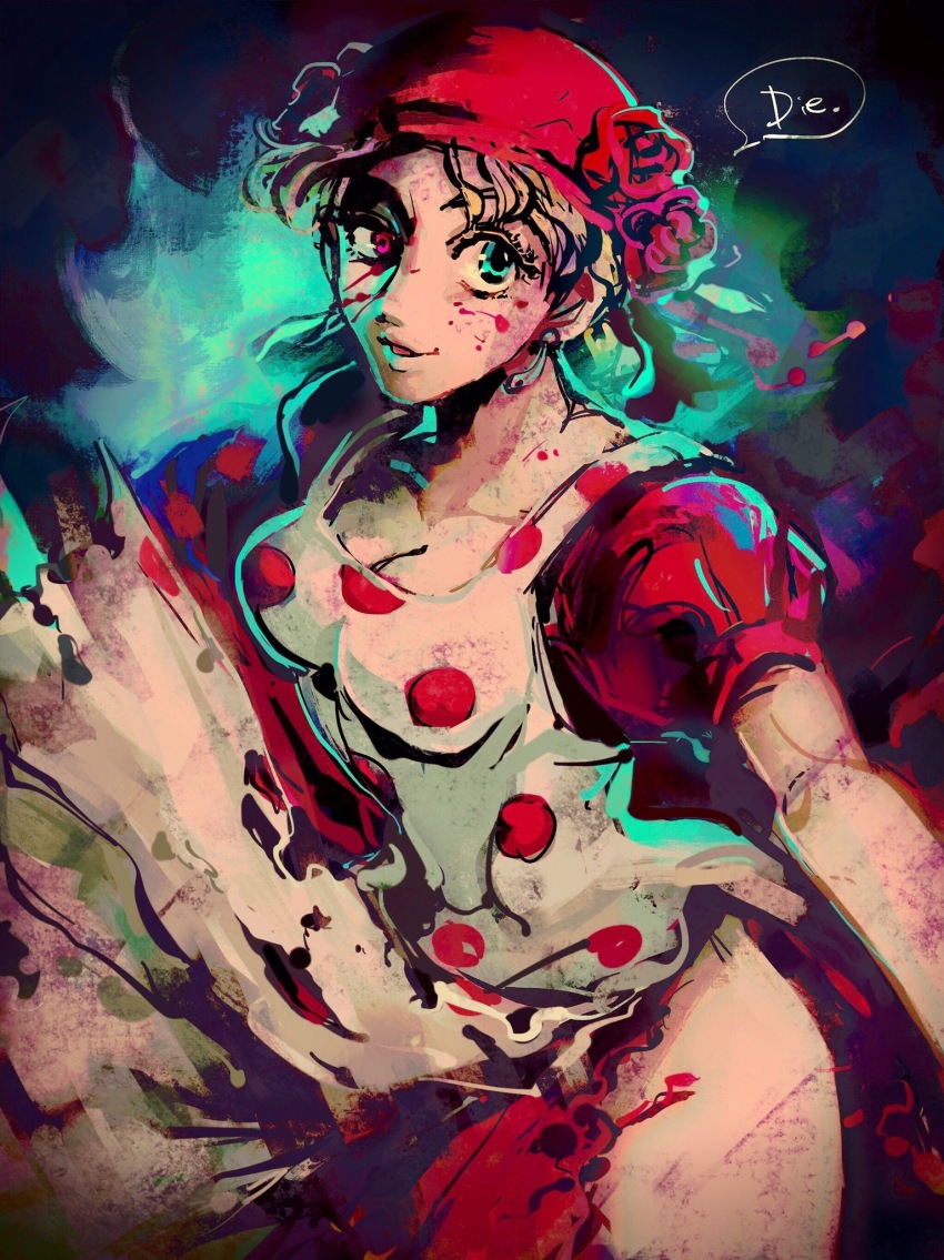 1girl apron bad_id bad_pixiv_id bandana blonde_hair blood blood_on_face blue_eyes chocoblood dark_persona dress esidisi heterochromia highres jojo_no_kimyou_na_bouken polka_dot polka_dot_apron red_dress red_eyes solo suzi_q