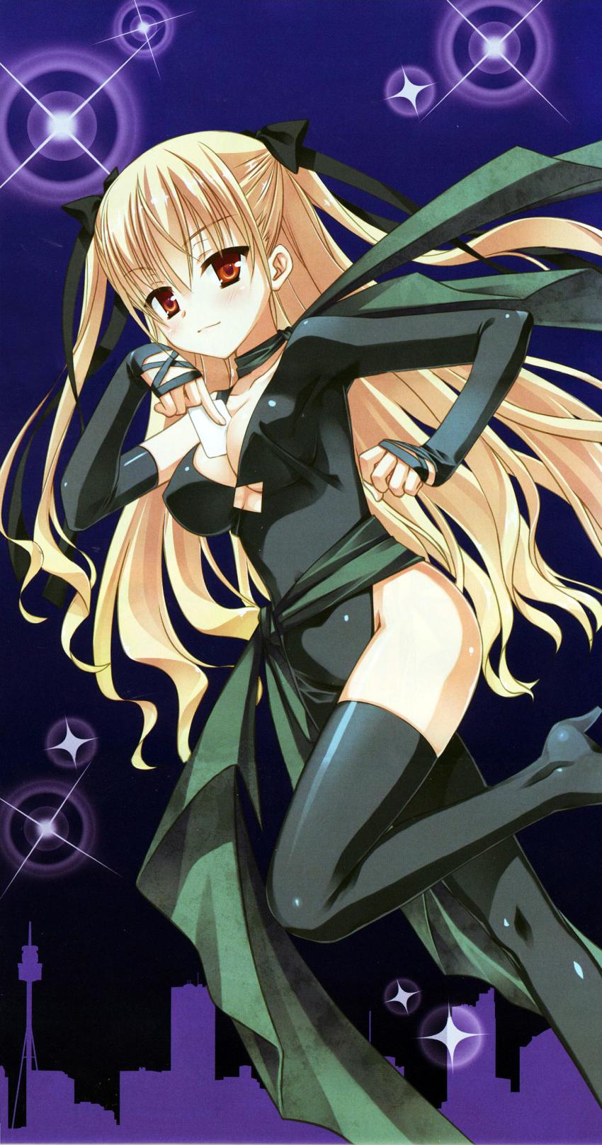 1girl absurdres between_breasts blonde_hair breasts cleavage female_focus hidan_no_aria highres kobuichi long_hair mine_riko red_eyes solo sparkle thighhighs twintails two_side_up very_long_hair