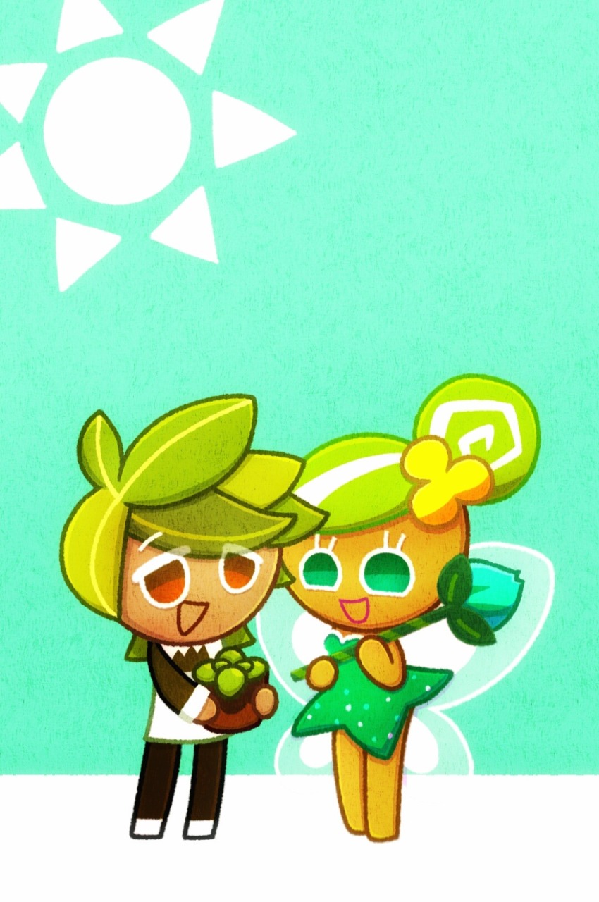1boy 1girl :d apron barefoot brown_eyes brown_pants brown_shirt cookie_run cookie_run:_ovenbreak dress fairy fairy_cookie fairy_wings flower flower_pot green_background green_dress green_eyes green_hair hair_bun hair_flower hair_ornament herb_cookie highres holding holding_flower_pot open_mouth pants plant potted_plant ririko_(nagareboshi) shirt shoes short_hair single_hair_bun smile sun_symbol wand white_apron white_shoes wings