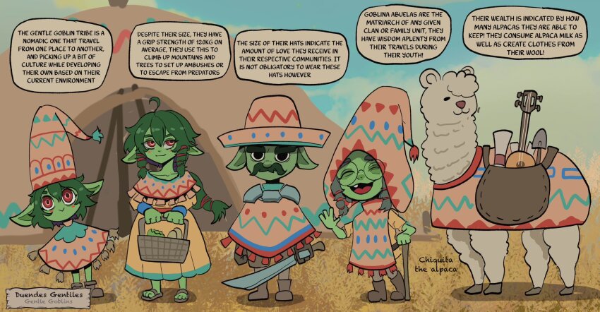 alpaca animal armor basedbinkie basket boots braid brown_gloves cane character_profile reference_sheet colored_skin day dress english_text multiple_expressions facial_hair family female_goblin fewer_digits field glasses gloves goblin grass green_hair green_skin hat highres holding holding_basket holding_sword holding_weapon husband_and_wife large_ears long_hair long_pointy_ears mustache nature old old_woman on_grass orange_dress original outdoors pointy_ears pointy_hat poncho red_eyes sandals scenery shoes shortstack shoulder_armor sky sombrero standing sword tent toes weapon