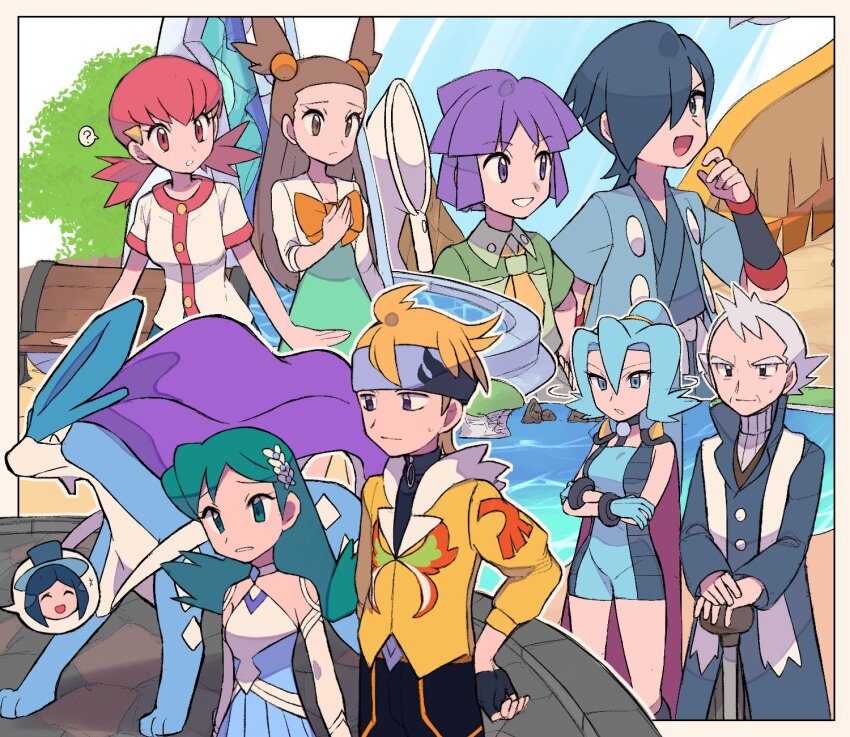 4boys 5girls :d ? black_gloves black_pants black_shirt border bugsy_(pokemon) butterfly_net clair_(pokemon) coat collared_shirt commentary_request detached_sleeves evelyn_(pokemon) falkner_(pokemon) fingerless_gloves gen_2_pokemon gloves green_eyes green_hair green_shirt hair_bobbles hair_ornament hairclip hand_net hand_up headband highres jacket jasmine_(pokemon) kris_(pokemon) kris_(sygna_suit)_(pokemon) legendary_pokemon long_hair morty_(pokemon) morty_(sygna_suit)_(pokemon) multiple_boys multiple_girls neckerchief nintendo official_alternate_costume open_mouth pants pink_hair pokemon pokemon_hgss pokemon_masters_ex pokemon_xy pryce_(pokemon) purple_hair scarf shirt short_hair short_sleeves smile spoken_character spoken_question_mark suicune twintails tyako_089 white_jacket whitney_(pokemon) yellow_jacket yellow_neckerchief