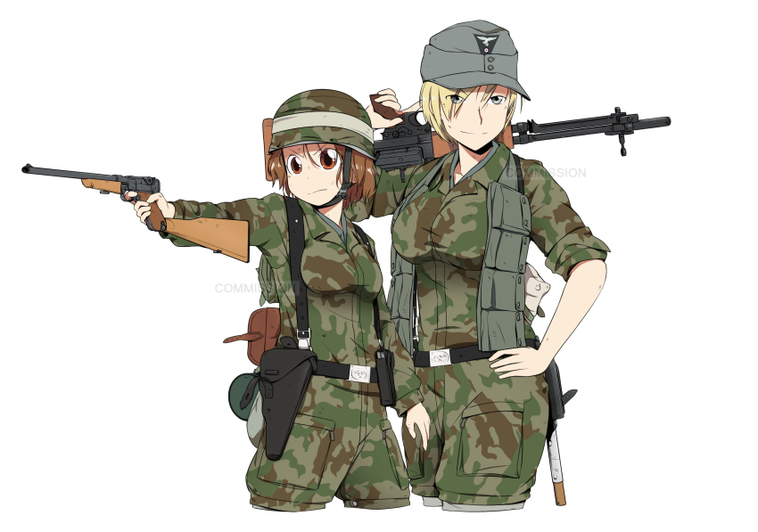 2girls absurdres aiming ammunition_pouch arm_at_side assault_rifle belt belt_buckle bird black_belt blonde_hair breasts brown_eyes brown_hair buckle camouflage camouflage_headwear camouflage_jacket camouflage_pants chin_strap closed_mouth collared_shirt combat_helmet commentary commission cropped_legs eagle english_commentary english_text entrenching_tool fallschirmjaeger gas_mask_canister german_commentary green_jacket green_pants grey_eyes grey_headwear grey_shirt gun hand_on_own_hip handgun hat hat_ornament helmet highres holding holding_behind_back holding_gun holding_weapon holding_weapon_behind_back holster jacket large_breasts load_bearing_equipment looking_at_viewer luftwaffe luger_p08 m43_field_cap military military_combat_uniform military_fatigues military_hat military_jacket military_uniform mixed-language_commentary mrxinom multiple_girls open_collar original over_shoulder pants paratrooper pocket pouch reichsadler rifle shirt short_hair shoulder_stock simple_background smile soldier stg44 suspenders swastika weapon weapon_over_shoulder white_background world_war_ii