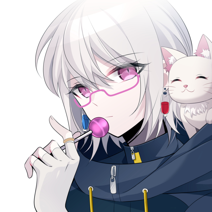 1other :3 ^_^ animal animal_ear_fluff animal_on_shoulder black_jacket candy cat cat_on_shoulder chupa_chups closed_eyes closed_mouth commentary_request earrings fingerless_gloves flipped_hair food glasses gloves grey_gloves grey_hair halara_nightmare highres holding holding_candy holding_food holding_lollipop jacket jewelry lollipop looking_ahead master_detective_archives:_rain_code medium_hair mismatched_earrings other_focus pink-framed_eyewear pink_eyes portrait qiao_xing semi-rimless_eyewear simple_background solo under-rim_eyewear white_background white_cat