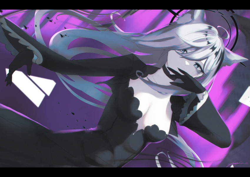 1girl animal_ears black_dress black_gloves black_halo blue_archive breasts broken_halo cleavage dress gloves hair_ornament halo highres long_hair looking_at_viewer shiroko_(blue_archive) shiroko_terror_(blue_archive) sutorobo72 three-toned_background white_hair wolf_ears