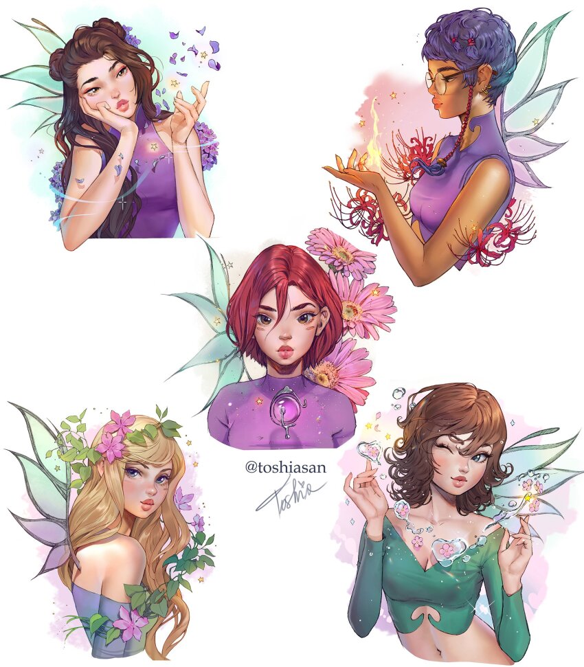 5girls aqua_shirt aqua_wings bare_shoulders blonde_hair blue_eyes blush breasts brown_eyes brown_hair chrysanthemum cleavage clematis_(flower) cornelia_hale dark-skinned_female dark_skin earrings fairy_wings fire flower hair_flower hair_ornament hay_lin highres hydrangea irma_lair jewelry leaf long_hair long_sleeves looking_at_viewer magic margarita medium_breasts medium_hair multiple_girls navel one_eye_closed petals pink_flower purple_hair red_hair round_eyewear shirt short_hair simple_background smile spider_lily star_(symbol) taranee_cook toshiasan w.i.t.c.h. water wavy_hair white_background will_vandom wings