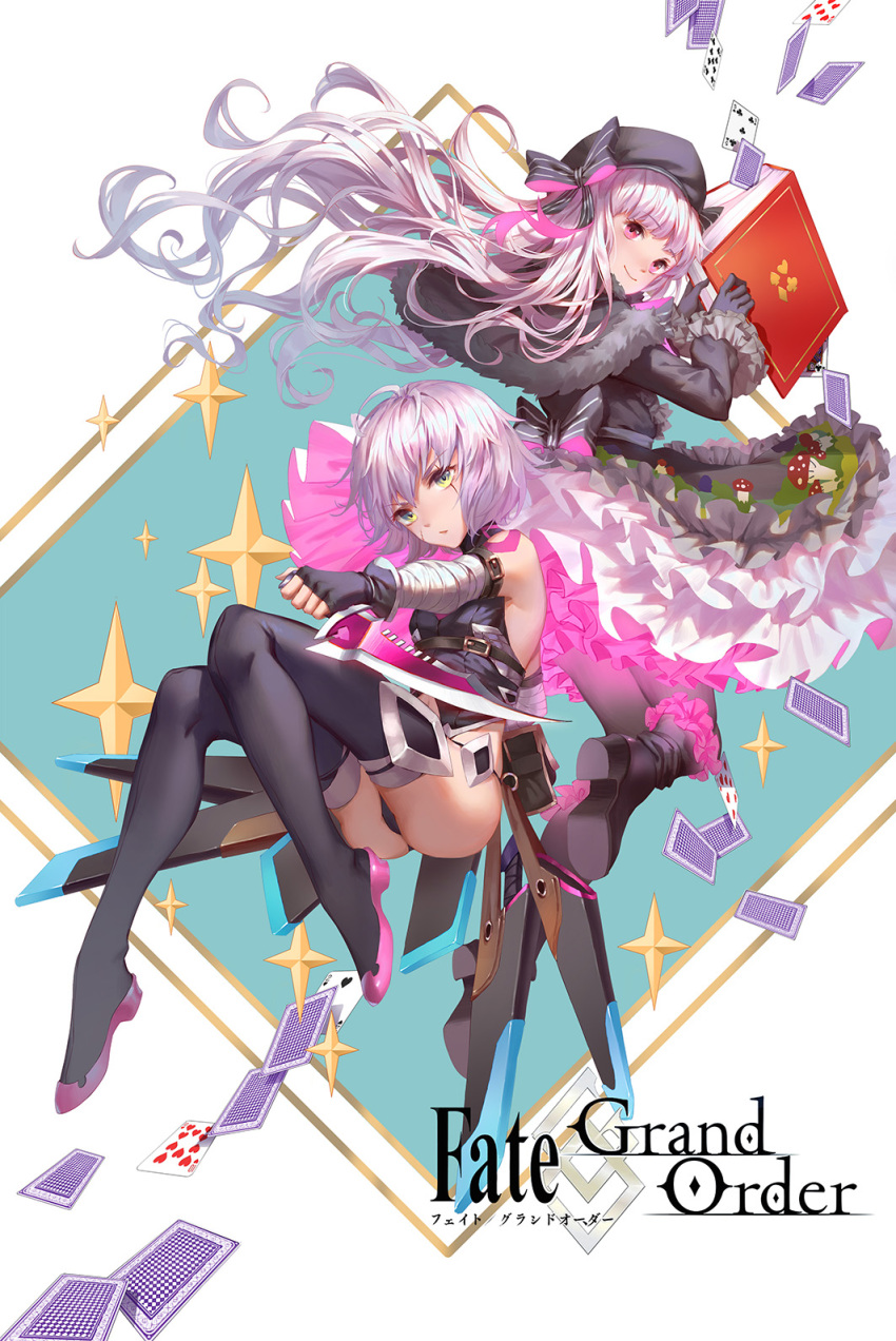 10s 2girls arm_belt bad_id bad_pixiv_id bandaged_arm bandages bare_shoulders belt belt_buckle beret black_belt black_bow black_capelet black_dress black_footwear black_gloves black_hat black_panties black_shirt book boots bow buckle capelet card closed_mouth commentary copyright_name dagger diamond_(shape) doll_joints dress facial_scar fate/apocrypha fate/extra fate_(series) fingerless_gloves floating_hair food_print foreshortening frilled_sleeves frills full_body fur-trimmed_capelet fur_trim gloves glowing gothic_lolita green_eyes hat hat_bow heart highres holding holding_book holding_knife jack_the_ripper_(fate/apocrypha) joints knee_boots knife leg_up lolita_fashion long_hair long_sleeves looking_at_viewer looking_back multiple_girls mushroom_print nursery_rhyme_(fate) opening_book outstretched_arm panties petticoat pink_bow pink_eyes pink_skirt playing_card print_dress reverse_grip scabbard scar scar_across_eye scar_on_cheek scar_on_face sheath sheathed shirt short_hair shoulder_tattoo silver_hair skirt sleeveless sleeveless_shirt smile spade star_(symbol) striped_bow tattoo thigh_boots thighhighs timmy_(tztime) turtleneck underwear unsheathed very_long_hair weapon white_background