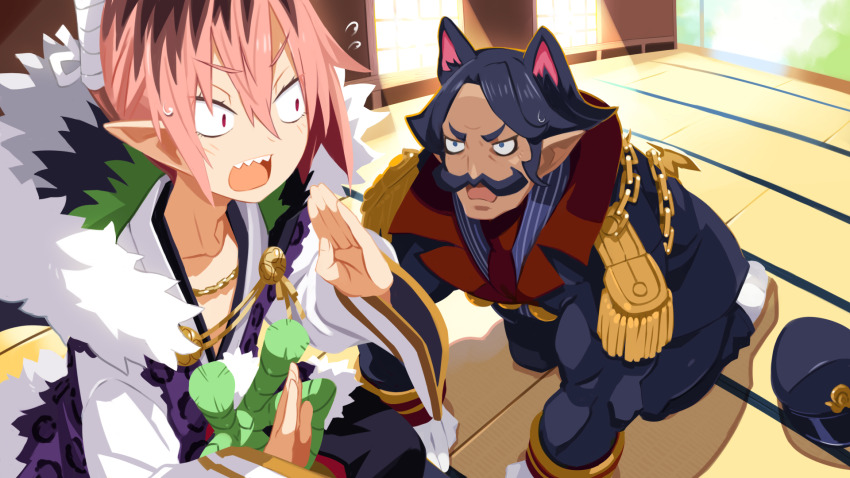 2boys animal_ears black_hair blue_eyes brown_hair cat_boy cat_ears demon_boy disgaea facial_hair fingernails fur_trim hair_between_eyes harada_takehito highres makai_senki_disgaea_7 male_focus multicolored_hair multiple_boys mustache official_art demmodore_opener pants pink_hair pointy_ears red_eyes sharp_teeth socks surprised teeth upper_teeth_only white_socks wide_sleeves edogawa_yeyasu
