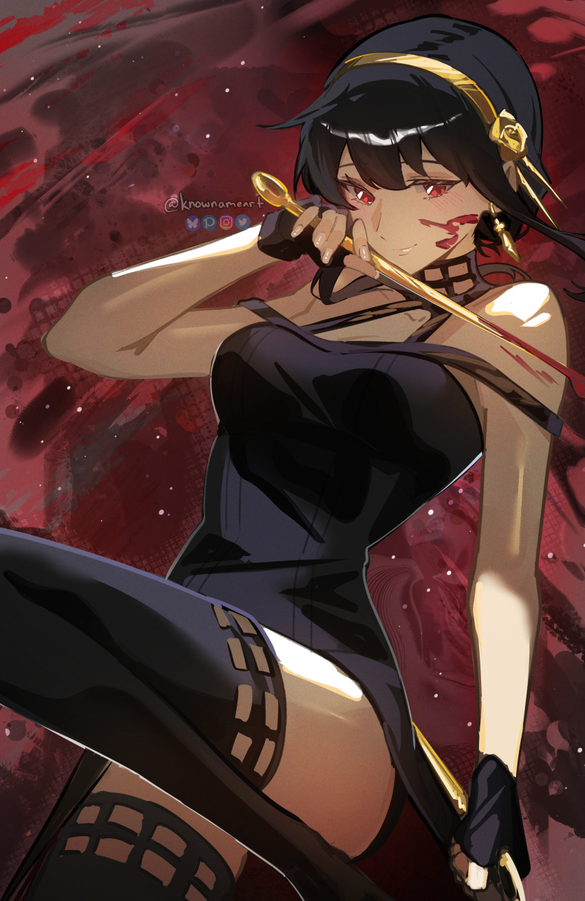 1girl absurdres artist_name black_boots black_dress blood blood_on_face bluesky_logo boots breasts closed_mouth dagger dress dual_wielding gold_hairband hairband highres holding instagram_logo knife knowname large_breasts pixiv_logo red_eyes solo spy_x_family stiletto_(weapon) thigh_boots twitter_logo weapon yor_briar