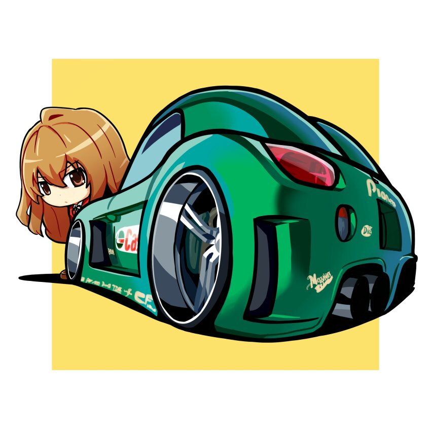 1girl absurdres aisaka_taiga blue_ribbon border brown_eyes brown_hair car castrol commentary duz english_commentary hair_between_eyes highres jacket leaning_forward motor_vehicle oohashi_high_school_uniform perspective pontiac pontiac_solstice red_jacket ribbon school_uniform shirt sports_car stance_(vehicle) toradora! vehicle_focus white_border white_shirt yellow_background