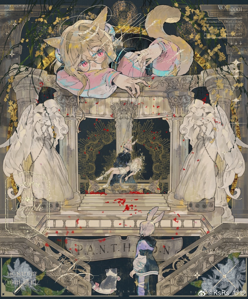 1boy 3girls absurdres altar angel_statue animal_ears bandaged_leg bandages black_hood black_jacket black_pants black_robe blonde_hair bloomers brown_hair carrying cat cat_ears cat_girl cat_tail censored censored_identity chinese_commentary closed_mouth commentary_request commission covered_mouth dot_nose eyelashes floating_clothes flower from_behind guozimiao hair_intakes highres hood hood_down hooded_jacket jacket leg_warmers light_blush long_hair long_sleeves midriff_peek multiple_girls original pants petals pillar pink_eyes pink_jacket princess_carry puffy_long_sleeves puffy_sleeves puppet_strings rabbit_boy rabbit_ears rabbit_girl robe rose_petals sample_watermark shirt shoes short_hair short_sleeves sidelocks slit_pupils stairs statue sweatpants tail too_many_watermarks underwear very_long_hair watermark wavy_hair weibo_watermark white_bloomers white_headphones white_leg_warmers white_shirt white_shoes yellow_flower