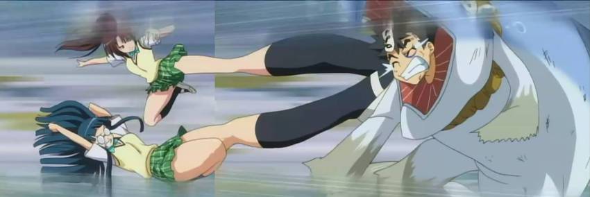 1boy 2girls black_hair blue_hair brown_hair custom fujisaki_aya_(to_love-ru) glasses highres kicking kujou_rin legs long_hair long_image multiple_girls ponytail saruyama_kenichi school_uniform screencap skirts tears thighhighs to_love-ru wide_image