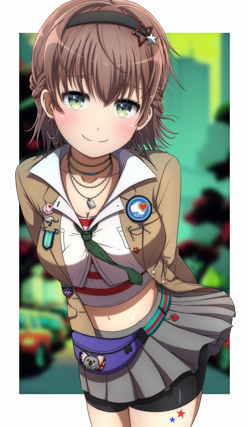 1girl absurdres arms_behind_back badge bang_dream! belt_pouch blush braid breasts brown_hair button_badge cleavage earrings english_text green_eyes hair_ornament hairband highres hoop_earrings jewelry kangaroo koala looking_at_viewer medium_breasts midriff miniskirt navel necklace noshimurin pouch shirt short_hair skirt smile solo star_(symbol) star_hair_ornament striped_clothes striped_shirt yamato_maya