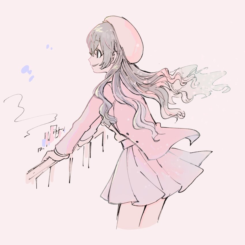 1girl beret black_eyes blazer cropped_legs empty_eyes hand_on_railing hat highres jacket kimi_no_koto_ga_dai_dai_dai_dai_daisuki_na_100-nin_no_kanojo long_hair open_clothes open_jacket oyomidtarumi parted_lips pleated_skirt school_uniform skirt solo wavy_hair wind zetsubouda_meru
